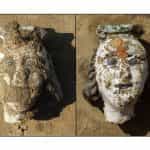 (A)Głowa kobiety – fragment rzeźby zdobiącej piec w dzwonowskim dworze. Widok po odsłonięciu i po oczyszczeniu (fot. M. Krzepkowski)