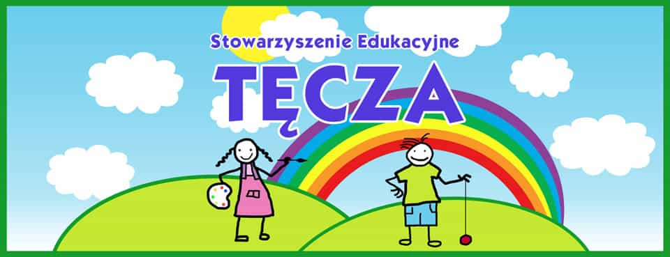 logo Stowarzyszenia edukacyjnego TĘCZA przedstawia rysunek dwojga dzieci na tle tęczy 