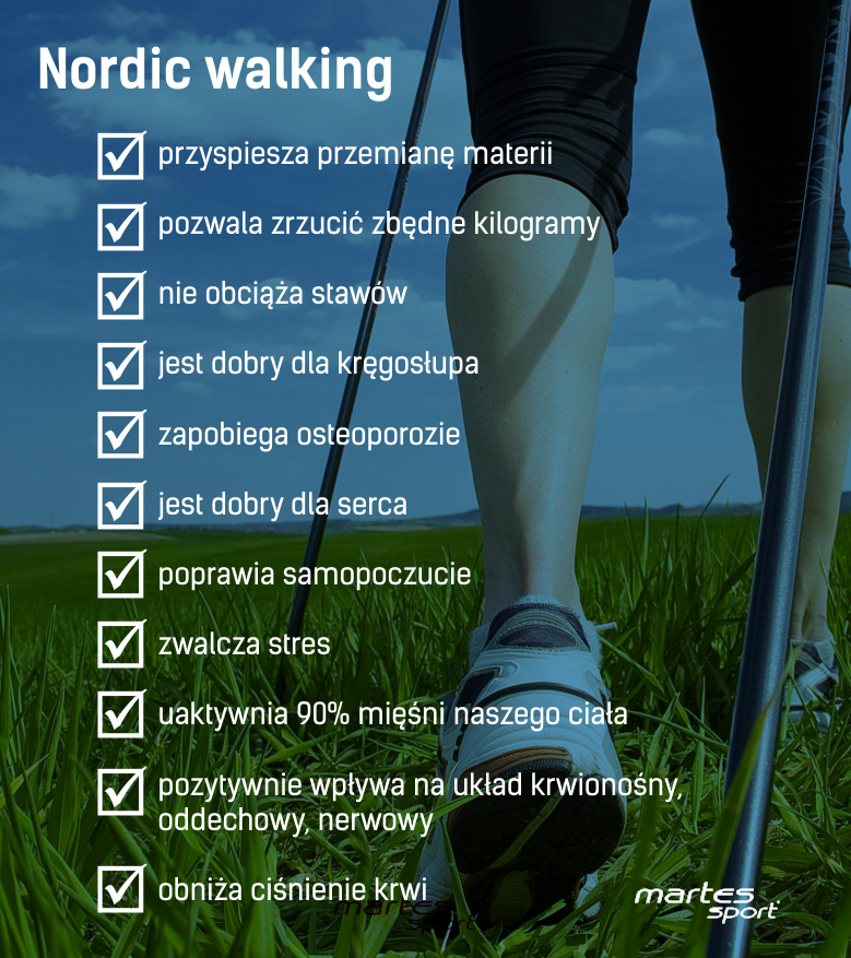 Infografika przedstawiająca korzyści dla zdrowi spacerów w kijkami 