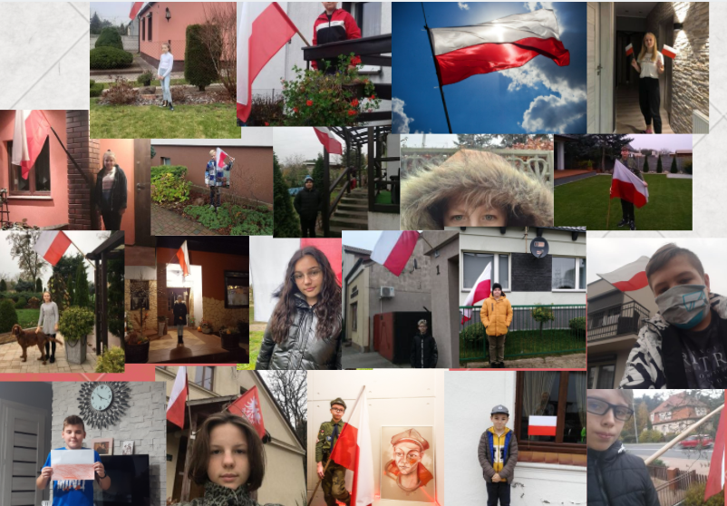 kolaż zdjęć uczniów w flagą przy swoim domu