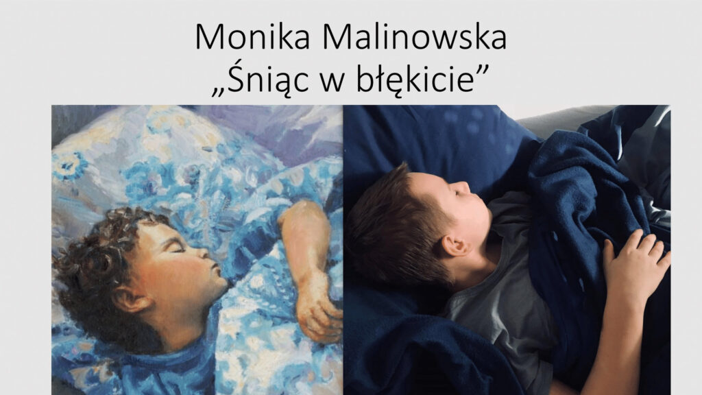 kolaż obrazu Monika Malinowska „Śniąc w błękicie" i interpretacji ucznia 