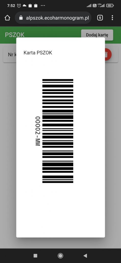 Przykładowy kod kreskowy kart PSZOK w aplikacji 