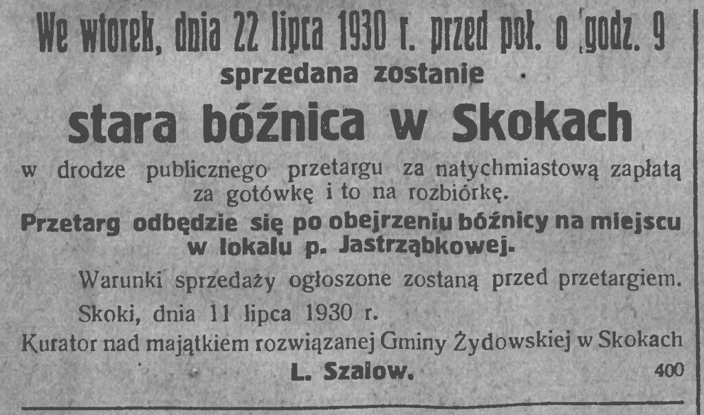 Anons o sprzedaży bóżnicy z rozwiązanej gminy żydowskiej w Skokach
Gazeta Wągrowiecka, 22 lipca1930.