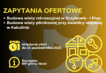 Gmina Skoki poszukuje wykonawców przygotowanie terenu do budowy wiat w Grzybowie i Kakulinie